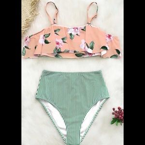 PINK FLORAL AND GREEN STRIPED BIKINI